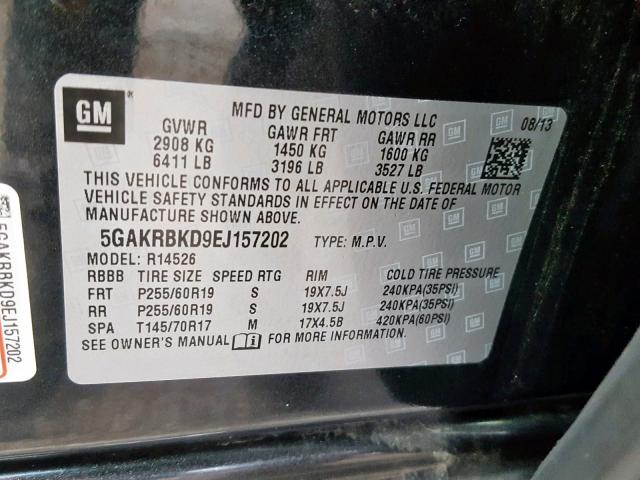 5GAKRBKD9EJ157202 - 2014 BUICK ENCLAVE BLACK photo 10