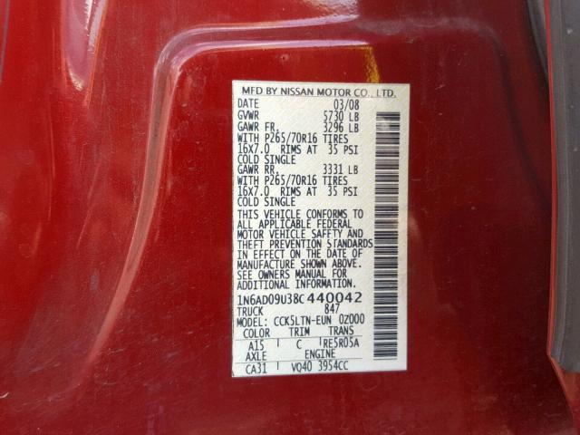 1N6AD09U38C440042 - 2008 NISSAN FRONTIER C RED photo 10