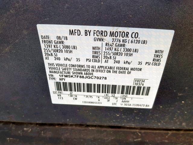 1FM5K7F88JGC70278 - 2018 FORD EXPLORER L CHARCOAL photo 10