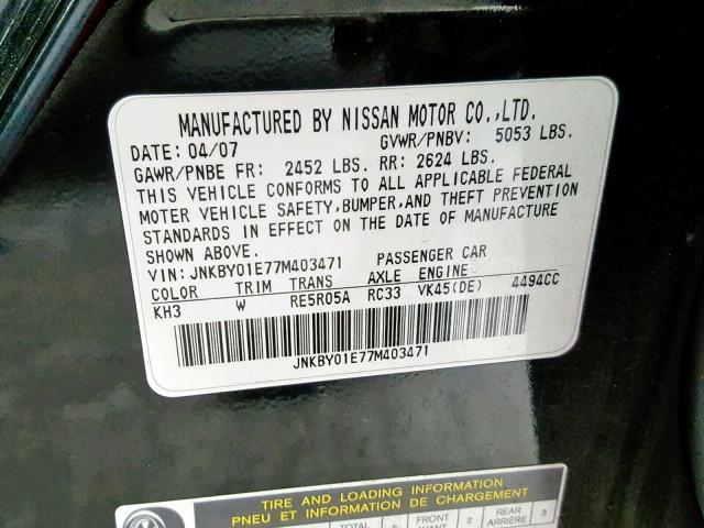 JNKBY01E77M403471 - 2007 INFINITI M45 BASE BLACK photo 10