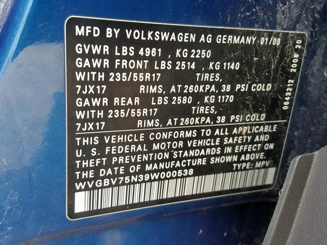 WVGBV75N39W000538 - 2009 VOLKSWAGEN TIGUAN SE BLUE photo 10