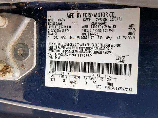 NM0LS7E76F1175780 - 2015 FORD TRANSIT CO BLUE photo 10