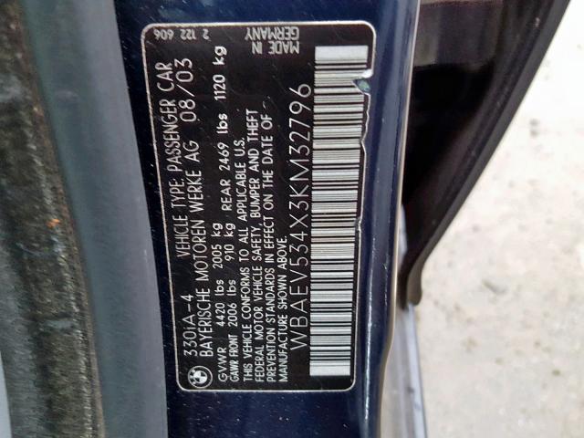 WBAEV534X3KM32796 - 2003 BMW 330 I BLUE photo 10