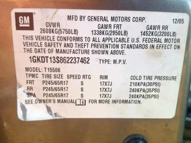 1GKDT13S862237462 - 2006 GMC ENVOY GRAY photo 10