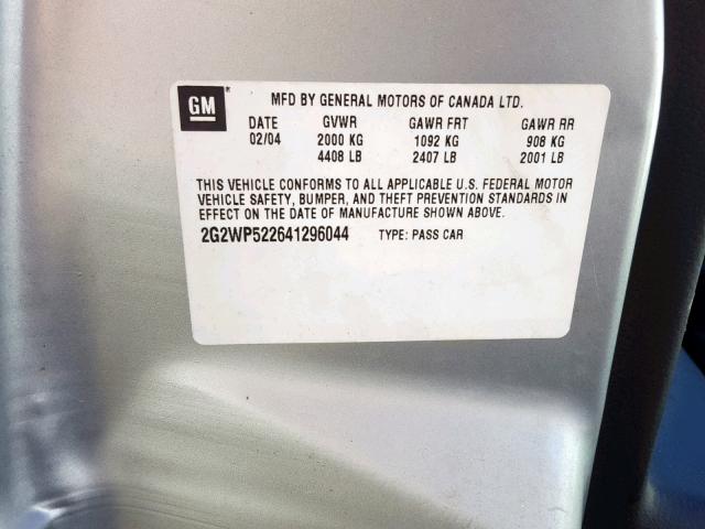 2G2WP522641296044 - 2004 PONTIAC GRAND PRIX SILVER photo 10