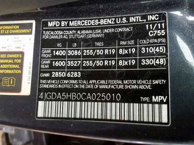 4JGDA5HB0CA025010 - 2012 MERCEDES-BENZ ML 350 4MA GRAY photo 10