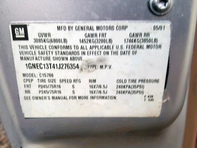 1GNEC13T41J276354 - 2001 CHEVROLET TAHOE C150 SILVER photo 10