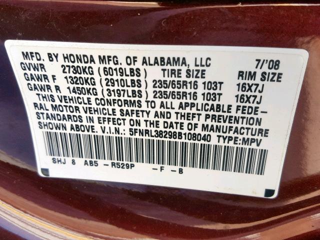 5FNRL38298B108040 - 2008 HONDA ODYSSEY LX BURGUNDY photo 10