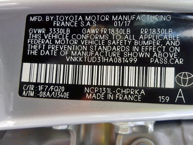 VNKKTUD31HA081499 - 2017 TOYOTA YARIS L SILVER photo 10