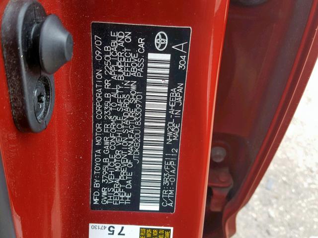 JTDKB20U183309701 - 2008 TOYOTA PRIUS RED photo 10