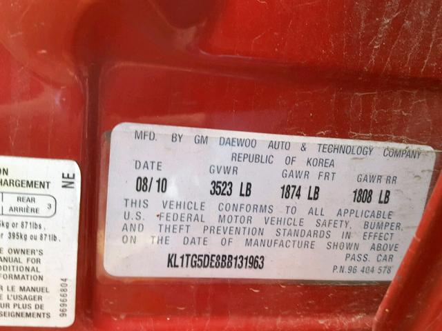 KL1TG5DE8BB131963 - 2011 CHEVROLET AVEO LT RED photo 10