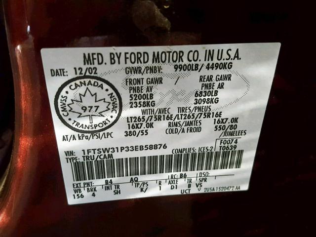 1FTSW31P33EB58876 - 2003 FORD F350 SRW S MAROON photo 10