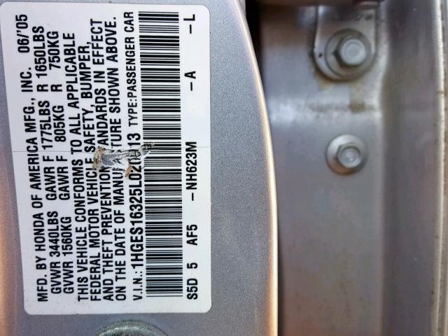 1HGES16325L020913 - 2005 HONDA CIVIC DX V SILVER photo 10