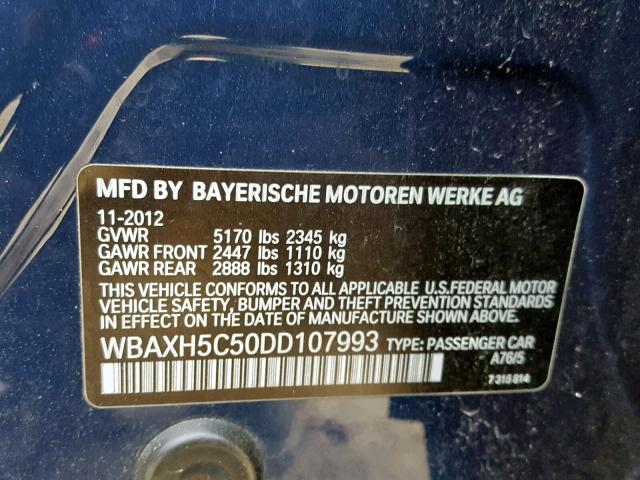 WBAXH5C50DD107993 - 2013 BMW 528 XI BLUE photo 10