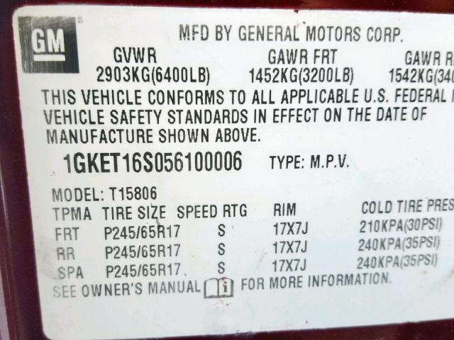 1GKDT13S652150741 - 2005 GMC ENVOY BURGUNDY photo 10