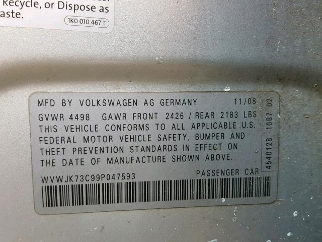 WVWJK73C99P047593 - 2009 VOLKSWAGEN PASSAT TUR GRAY photo 10