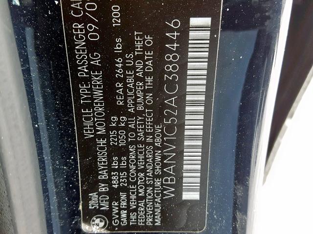 WBANV1C52AC388446 - 2010 BMW 528 XI BLUE photo 10