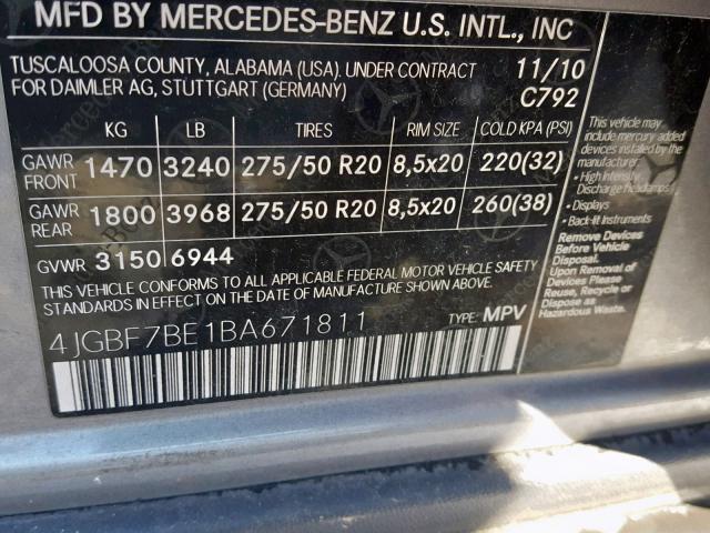 4JGBF7BE1BA671811 - 2011 MERCEDES-BENZ GL 450 4MA GRAY photo 10