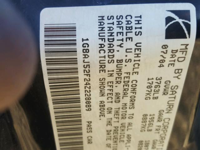 1G8AJ52F24Z228089 - 2004 SATURN ION LEVEL SILVER photo 10