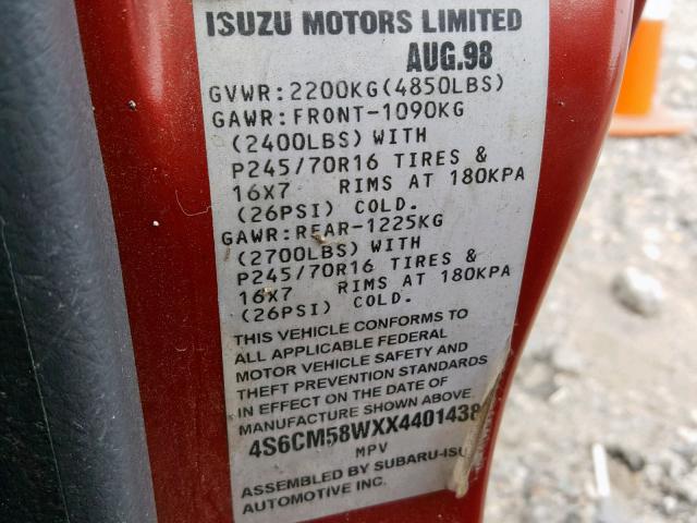 4S6CM58WXX4401438 - 1999 HONDA PASSPORT E 红色 照片 10