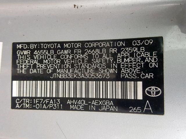 JTNBB3EK3A3053673 - 2010 TOYOTA CAMRY HYBR SILVER photo 10