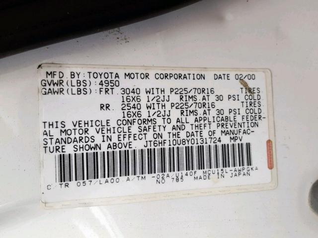 JT6HF10U8Y0131724 - 2000 LEXUS RX 300 WHITE photo 10