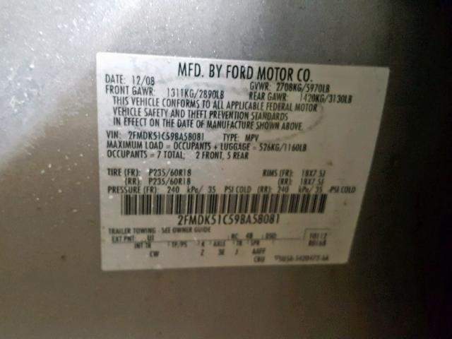 2FMDK51C59BA58081 - 2009 FORD FLEX SE SILVER photo 10