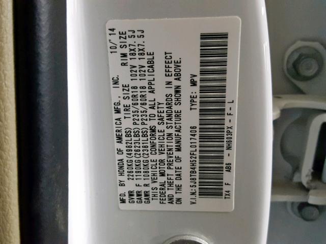 5J8TB4H52FL017406 - 2015 ACURA RDX TECHNO WHITE photo 10