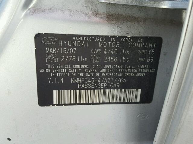 KMHFC46F47A217765 - 2007 HYUNDAI AZERA SE SILVER photo 10