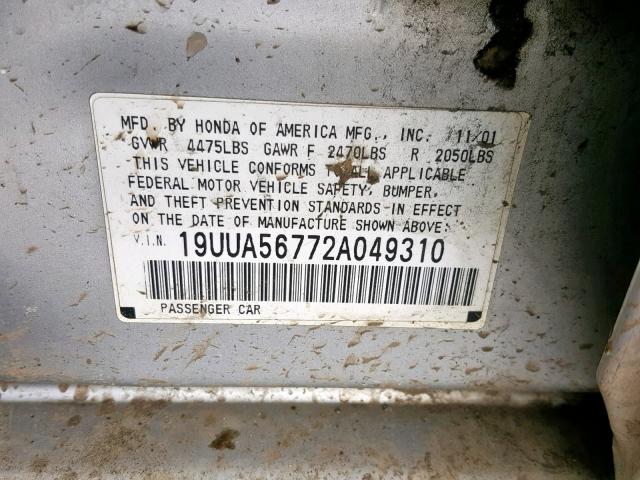 19UUA56772A049310 - 2002 ACURA 3.2TL SILVER photo 10