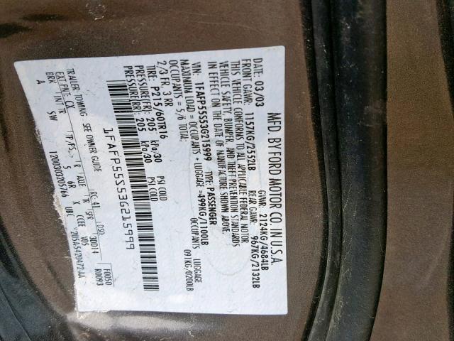 1FAFP55S53G215999 - 2003 FORD TAURUS SES GRAY photo 10