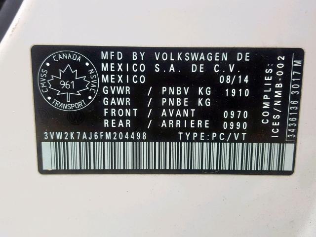3VW2K7AJ6FM204498 - 2015 VOLKSWAGEN JETTA BASE WHITE photo 10