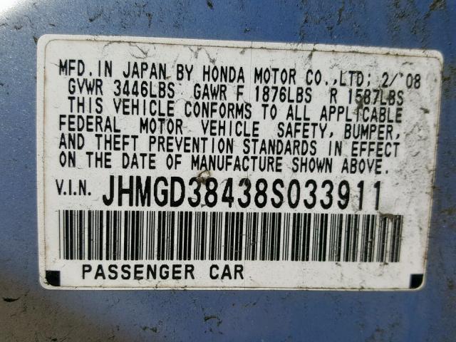 JHMGD38438S033911 - 2008 HONDA FIT BLUE photo 10