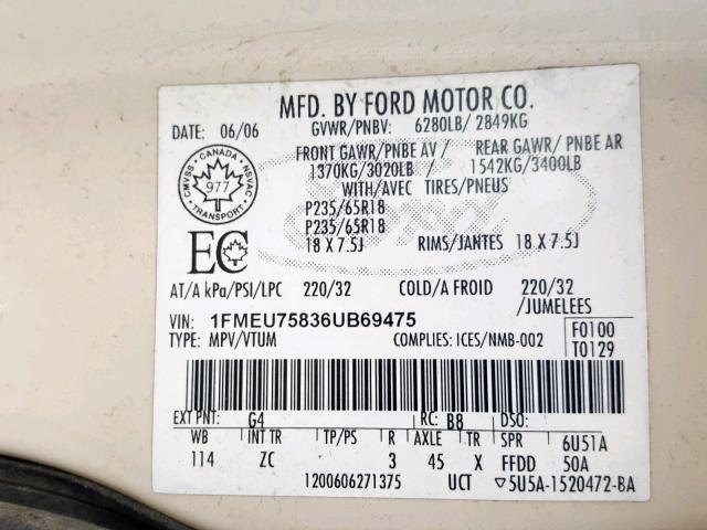 1FMEU75836UB69475 - 2006 FORD EXPLORER L CREAM photo 10