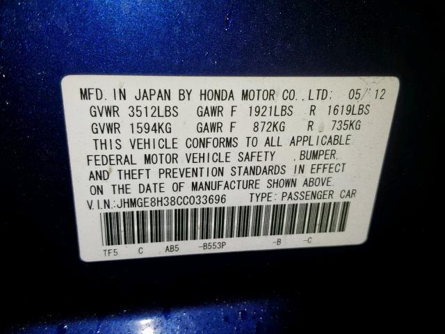 JHMGE8H38CC033696 - 2012 HONDA FIT BLUE photo 10