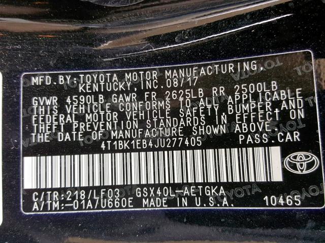 4T1BK1EB4JU277405 - 2018 TOYOTA AVALON XLE BLACK photo 10