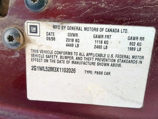 2G1WL52M3X1102026 - 1999 CHEVROLET LUMINA BAS Tünd qırmızı foto 10