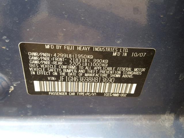 JF1GH63698H813690 - 2008 SUBARU IMPREZA OU BLUE photo 10