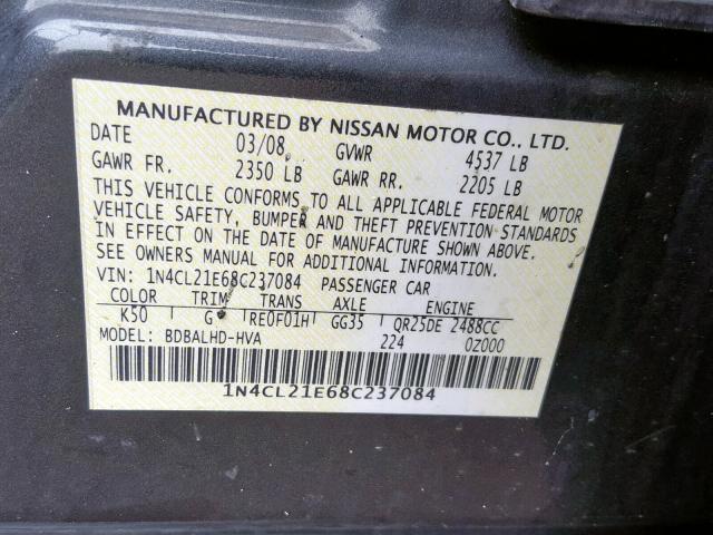 1N4CL21E68C237084 - 2008 NISSAN ALTIMA HYB GRAY photo 10