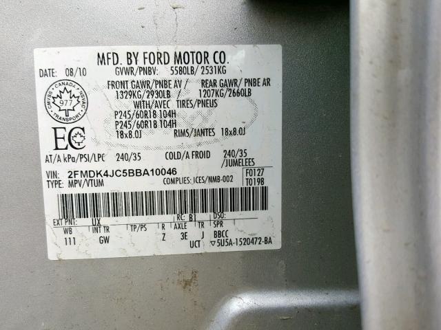 2FMDK4JC5BBA10046 - 2011 FORD EDGE SEL SILVER photo 10