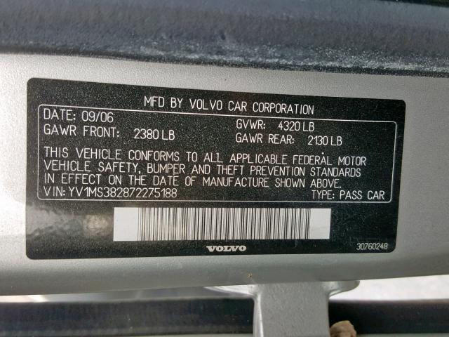 YV1MS382872275188 - 2007 VOLVO S40 2.4I SILVER photo 10