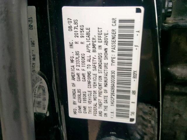 1HGCP26498A000830 - 2008 HONDA ACCORD LXP BLACK photo 10