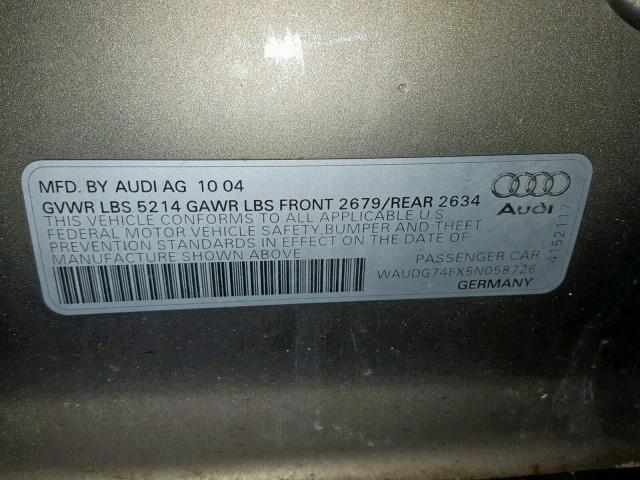 WAUDG74FX5N058726 - 2005 AUDI A6 3.2 QUA BEIGE photo 10