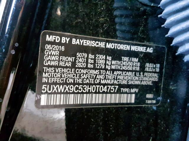 5UXWX9C53H0T04757 - 2017 BMW X3 XDRIVE2 BLACK photo 10