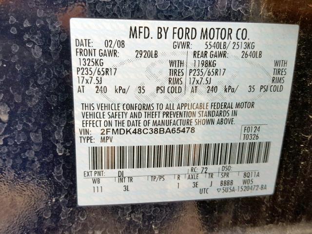 2FMDK48C38BA65478 - 2008 FORD EDGE SEL BLUE photo 10