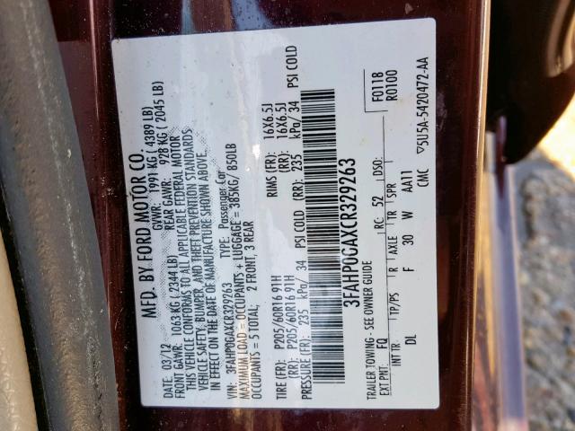 3FAHP0GAXCR329263 - 2012 FORD FUSION S MAROON photo 10