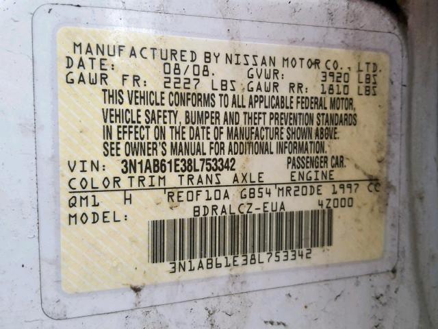 3N1AB61E38L753342 - 2008 NISSAN SENTRA 2.0 WHITE photo 10