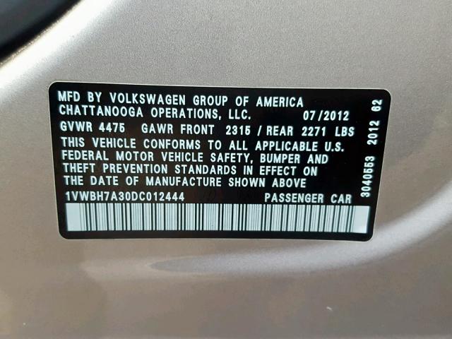 1VWBH7A30DC012444 - 2013 VOLKSWAGEN PASSAT SE SILVER photo 10