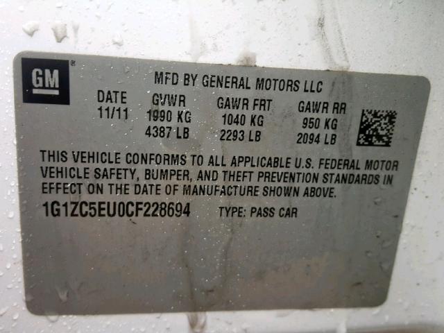 1G1ZC5EU0CF228694 - 2012 CHEVROLET MALIBU 1LT WHITE photo 10