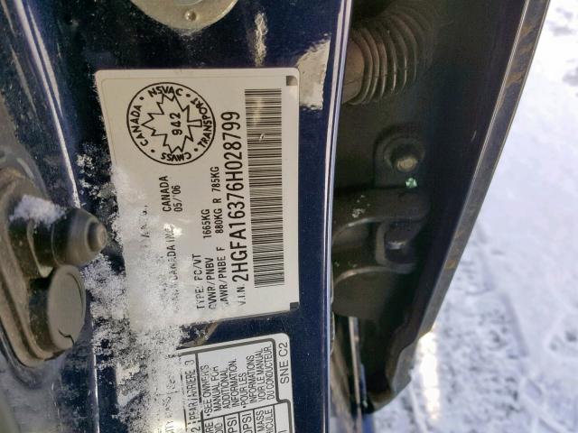 2HGFA16376H028799 - 2006 HONDA CIVIC DX V BLUE photo 10